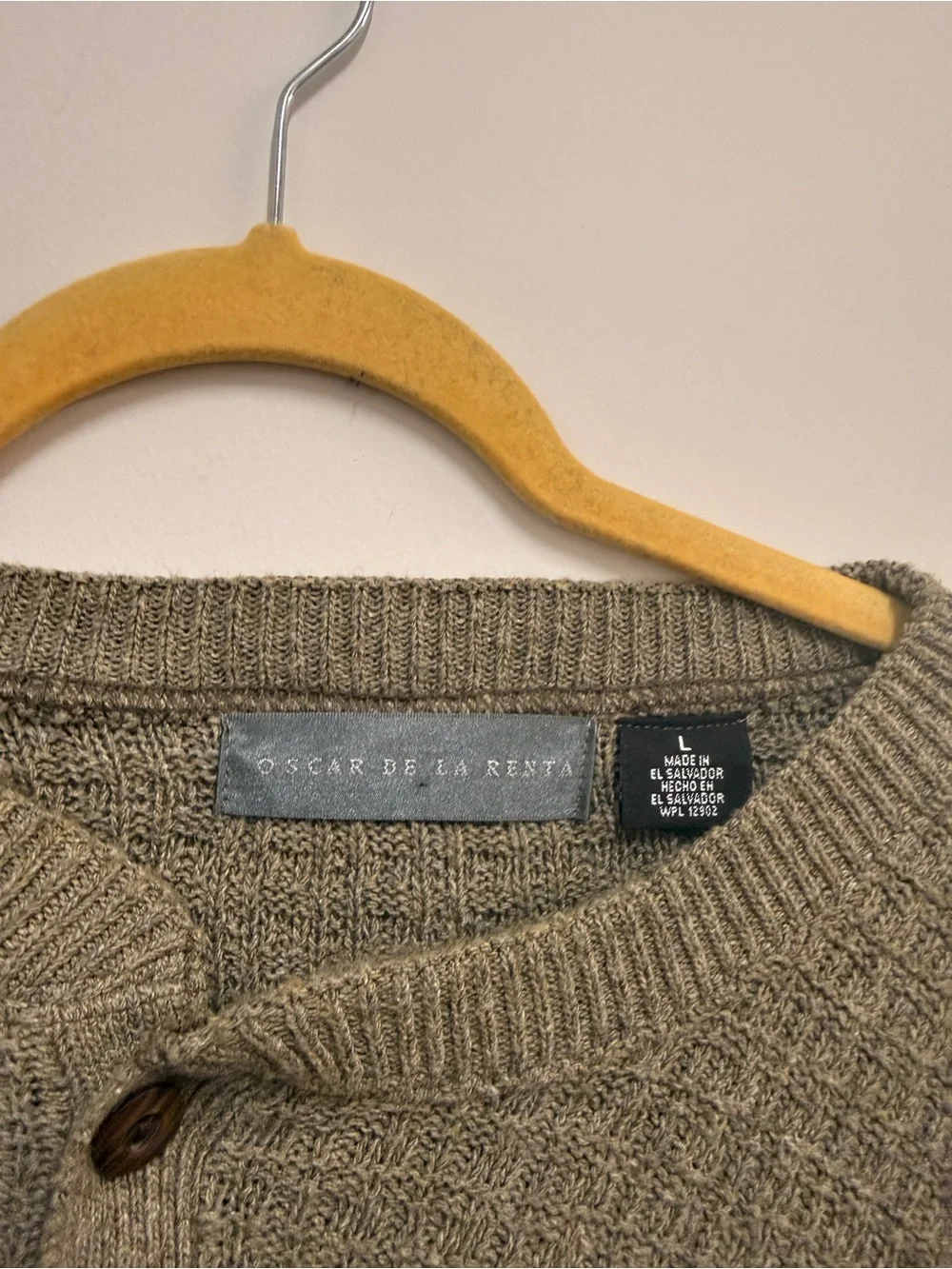 Oscar de la Renta Olive/Tan Waffle Knit Henley Sweater